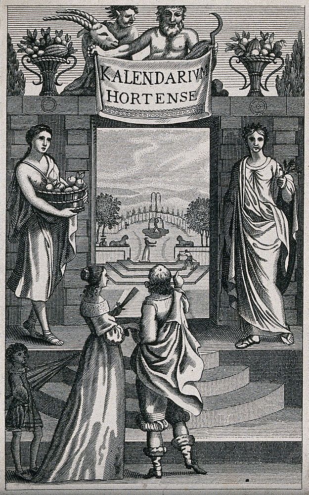 A nobleman and his wife view their garden through a window under the words "kalendarium hortense". Etching.