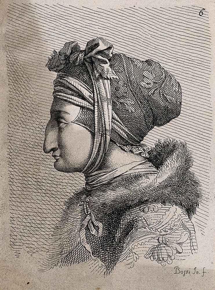 A woman with a long, vertical nose, wearing an elaborate hat and a fur hood. Engraving by B. Bossi, 1776 , after himself.