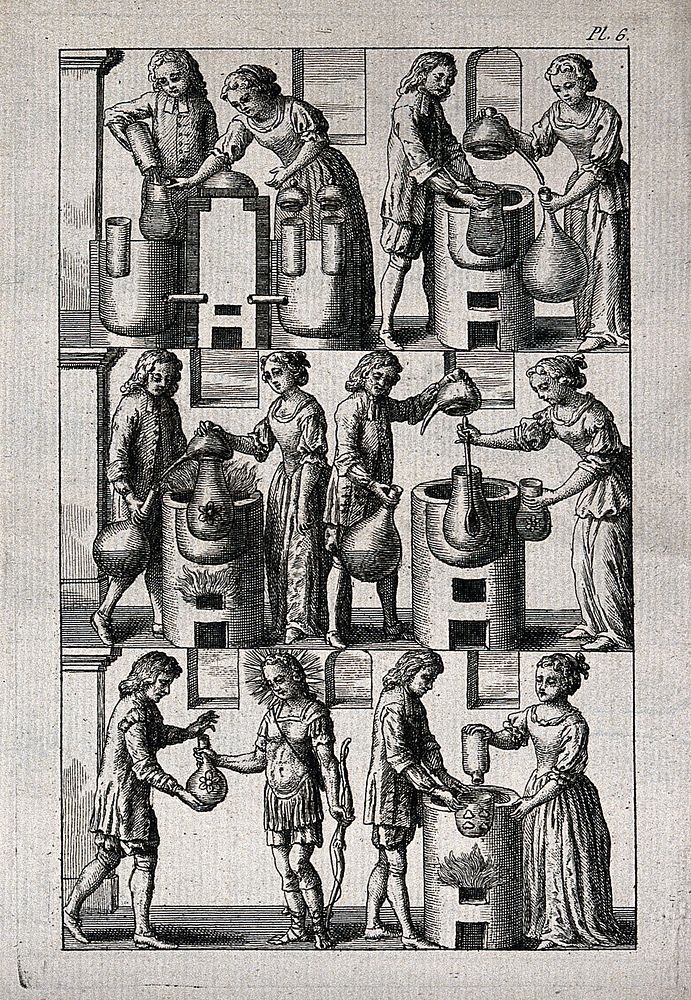 A man and a woman demonstrating the process of fermentation and distillation in alchemy. Etching, ca. 17th century.