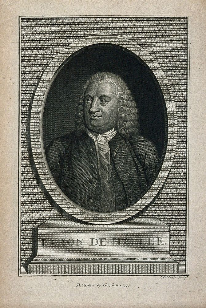 Baron Albrecht von Haller. Line engraving by J. Caldwall, 1799.