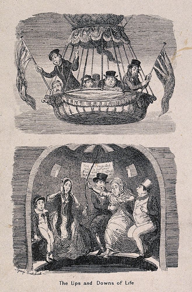 Ascending and descending: (above) people in a balloon; (below) people seated in a rotunda around a pool and in danger of…