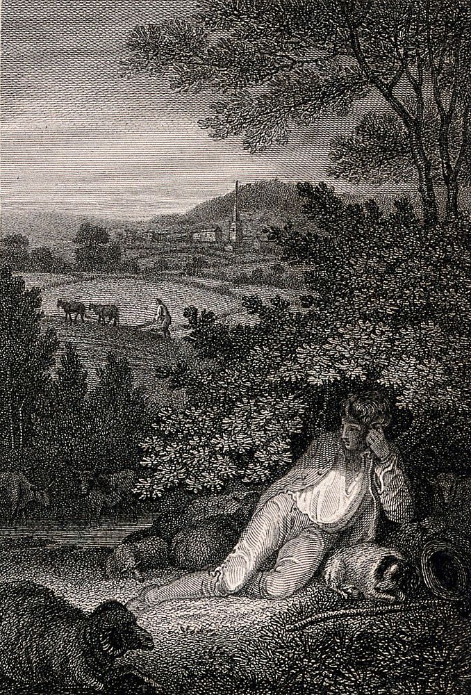 A shepherd boy is resting under a tree with his flock of sheep and his dog. Engraving.