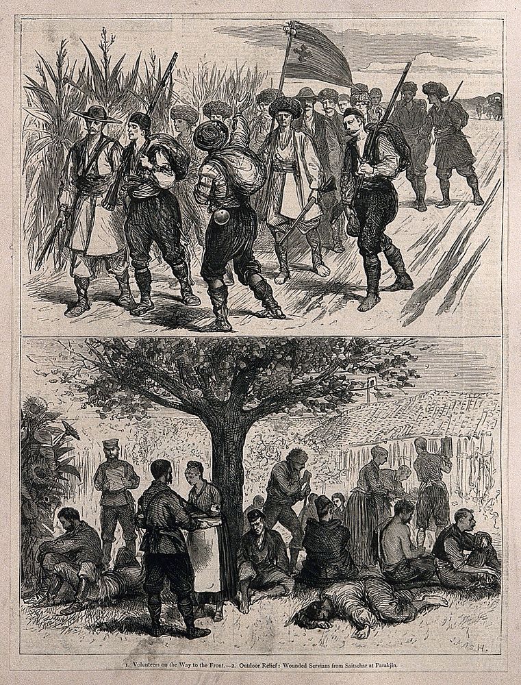 Serbo-Bulgarian War: two sketches showing volunteers on their way to the front and hospital camp. Wood engraving by J. Nash.