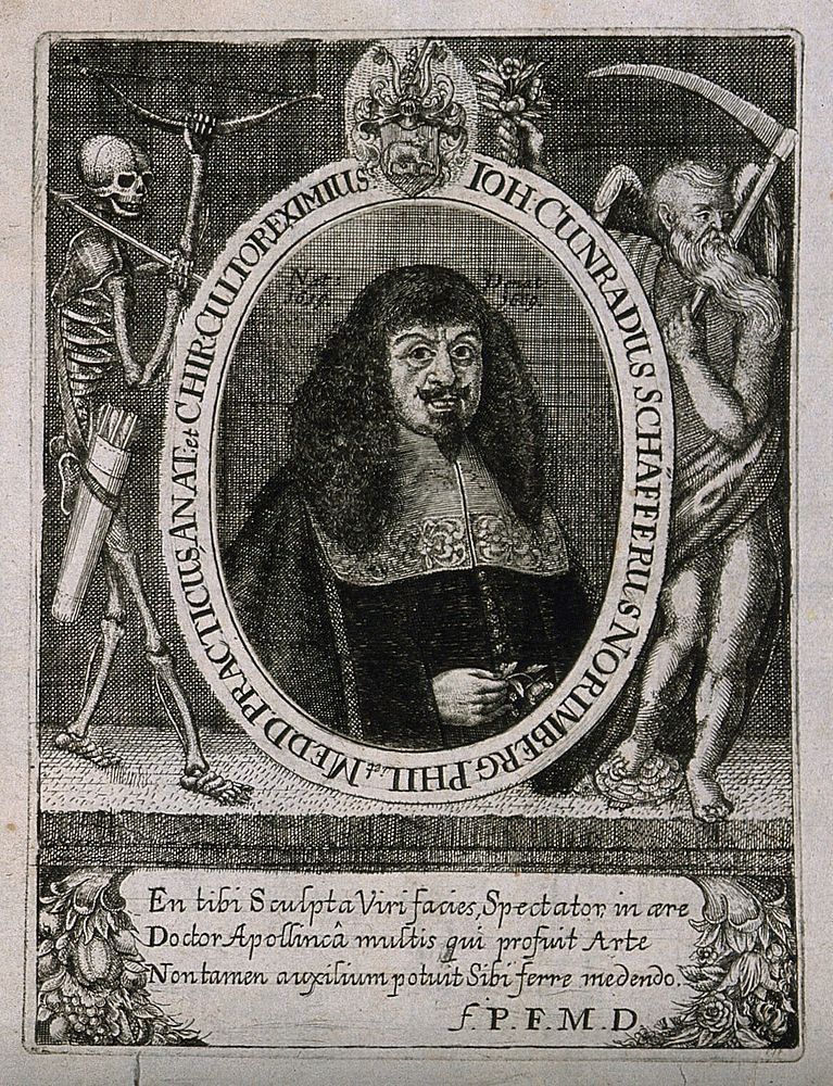Johann Konrad Schaeffer, holding a flower. Line engraving, [after 1669].