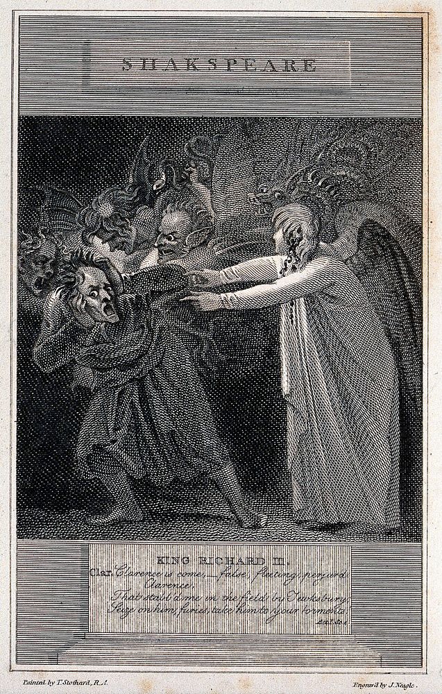 The Duke of Clarence is assailed by demons and taunted by a blood-soaked angel in a dream; an episode in Shakespeare's…