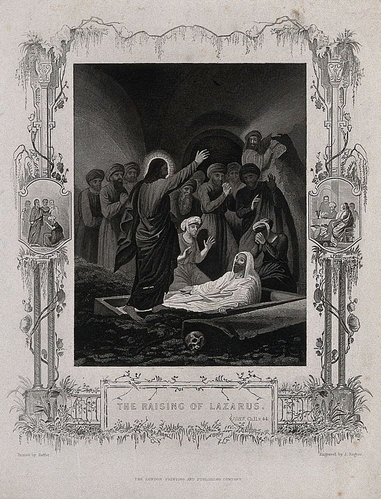 Christ raises Lazarus from his tomb. Engraving by J. Rogers after D.A.M. Raffet.