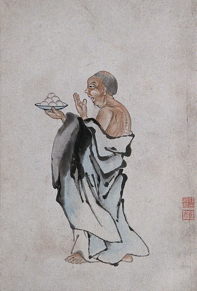 A Chinese man holding cakes on a tray. Watercolour.