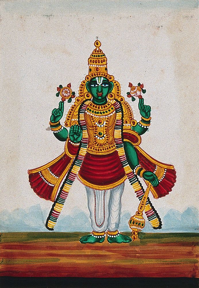 A statue of Lord Vishnu. Gouache painting by an Indian artist.