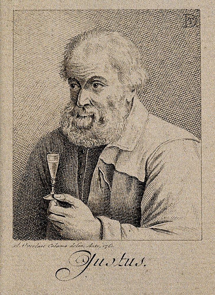 A man with a glass of spirits; representing the sense of taste. Pen drawing by A. Overlaet, 1761, after D. Teniers.