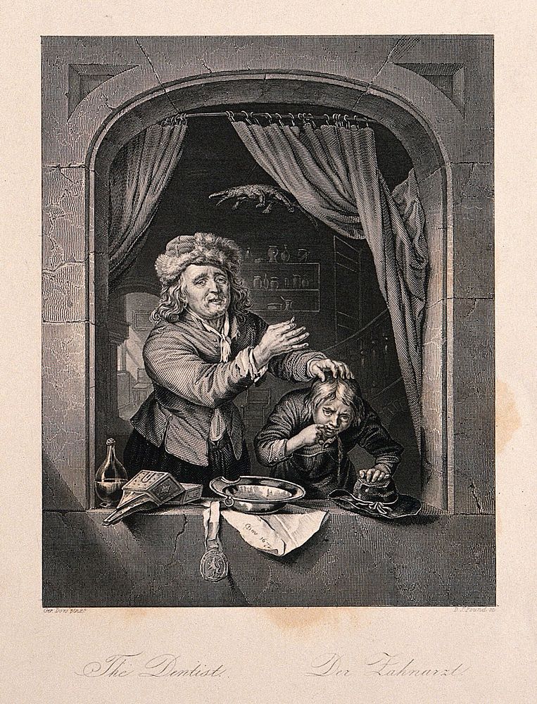 A tooth-drawer holding up a tooth after extracting it from a patient, who is spitting blood out of the window. Engraving by…