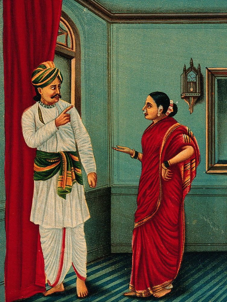One of two scenes from the Naya-nayika set of lovers' quarrels. Chromolithograph.