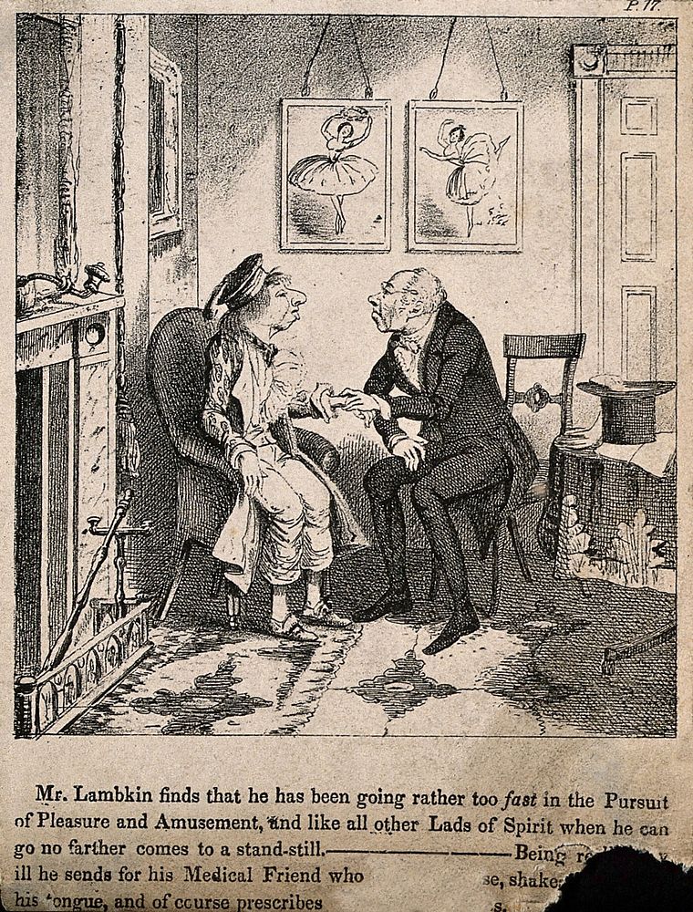 Mr. Lambkin at home ill from overindulgence being visited by a doctor friend. Lithograph by G. Cruikshank.