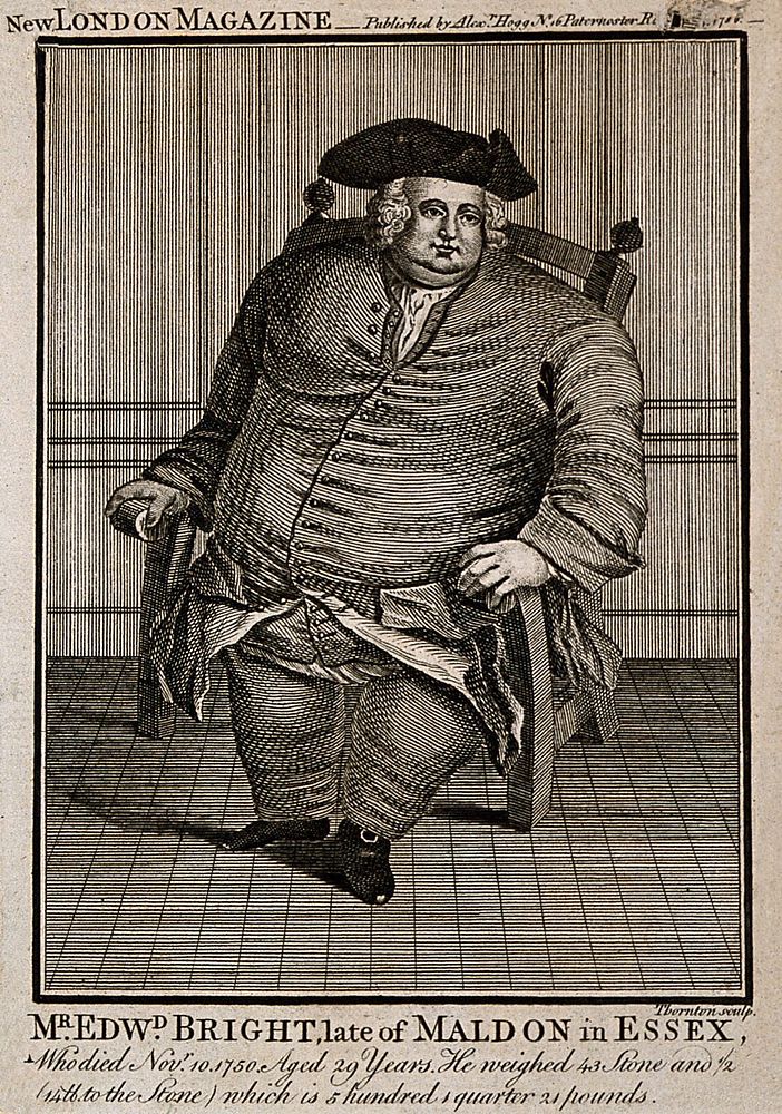 Edward Bright, a man weighing forty three and a half stone. Engraving by Thornton, 1786.