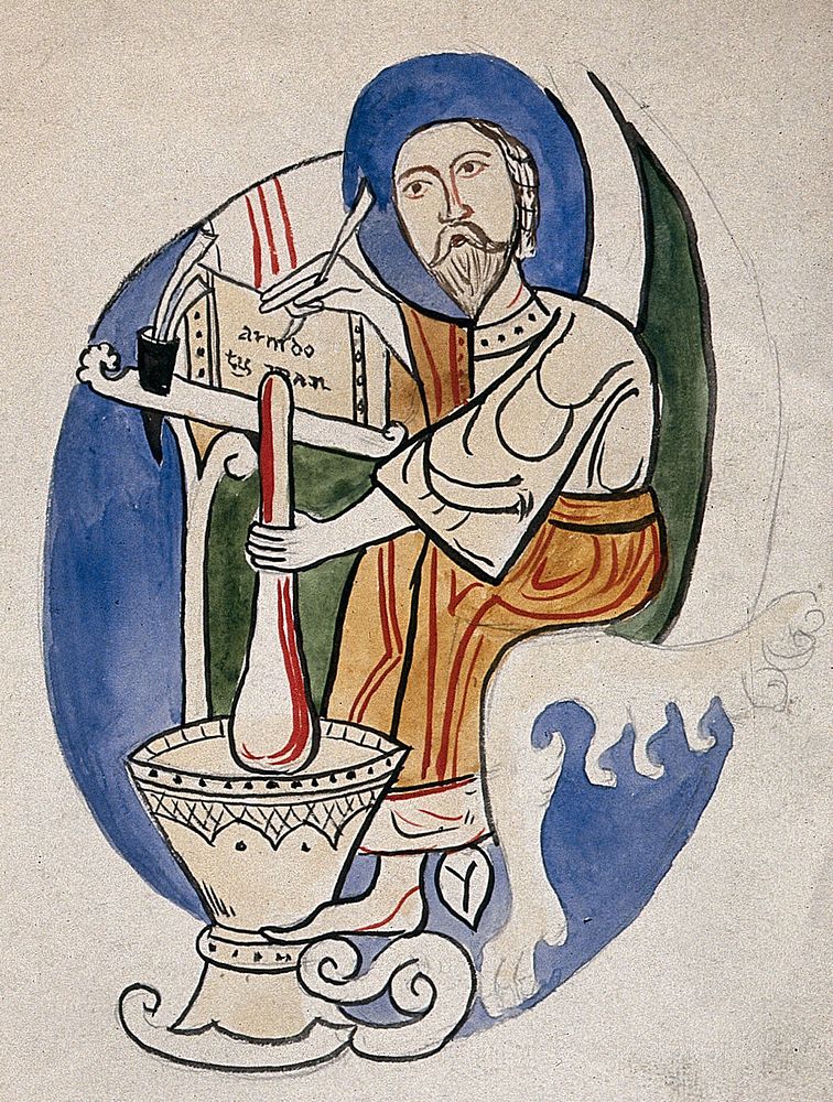 A scholar/apothecary mixing a concoction with a pestle and mortar and writing down the remedy; an emblem from a drug jar.…