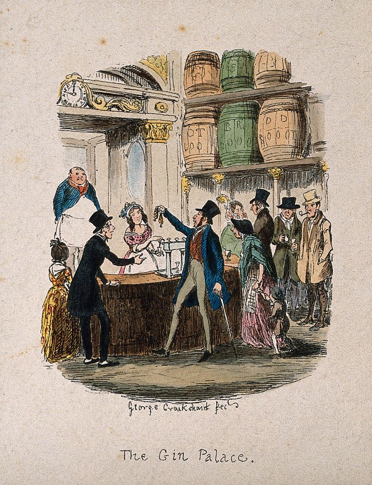 A busy gin palace bar with customers buying drinks. Coloured etching by G. Cruikshank, c. 1842.