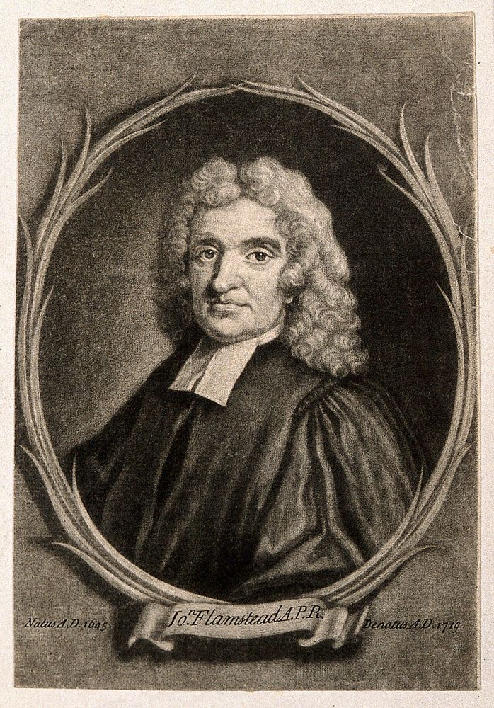 John Flamsteed. Mezzotint, later than 1726, after Sir G. Kneller, 1702.