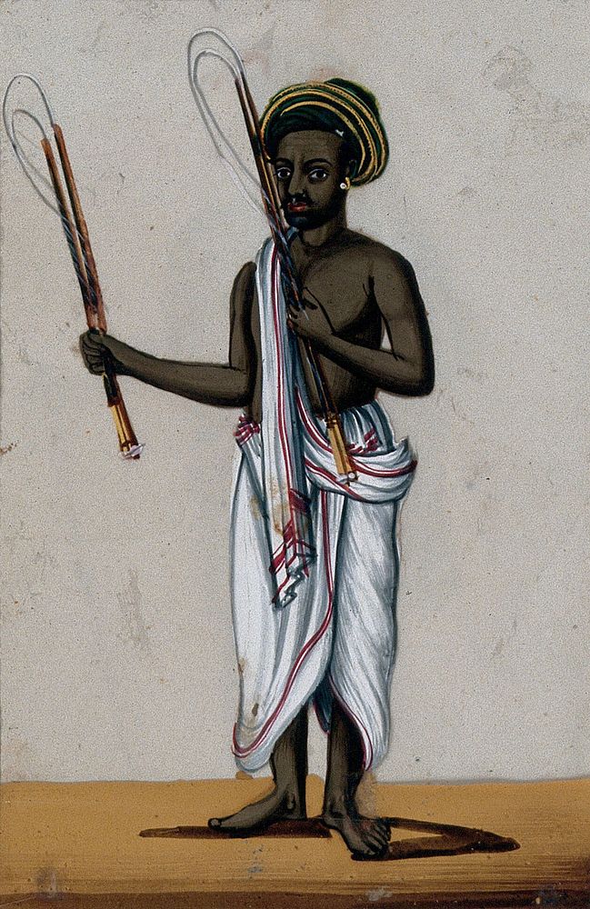 A whip seller holding his whips. Gouache painting on mica by an Indian artist.
