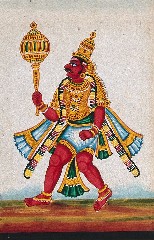 Bhima, one of the five Pandava brothers in the Indian epic, Mahabharata. Gouache painting by an Indian artist.