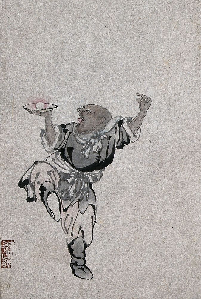 A Chinese man standing on one leg holding an egg or cake in a bowl. Watercolour.