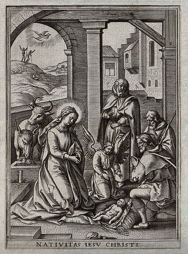 The adoration of the shepherds. Engraving by H. Wierix.