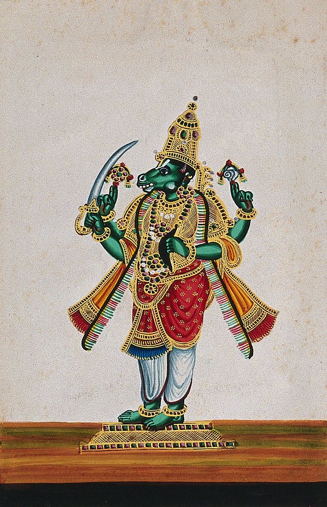 Lord Vishnu in his avatar as Kalki. Gouache painting by an Indian artist.