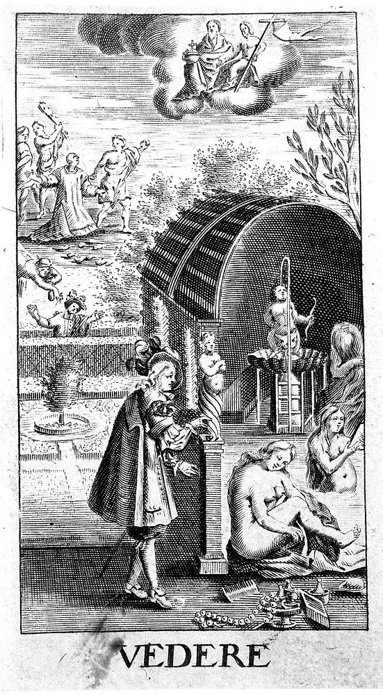 A voyeur watches women taking a bath while above a monk is martyred; representing the sense of sight. Engraving after G.…
