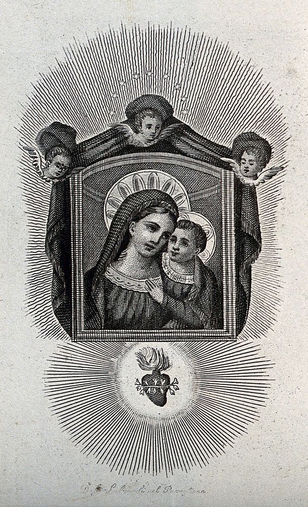 The Virgin and Child presented by three cherubim, underneath the Sacred Heart. Engraving.
