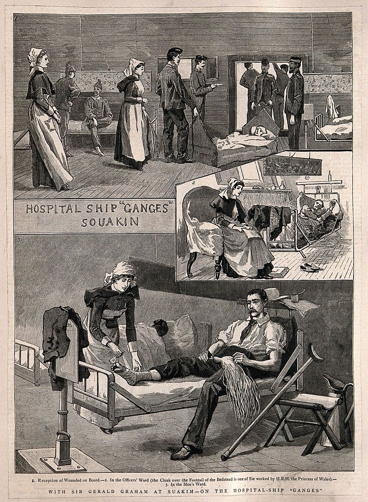 Sheet of sketches showing the interior of the hospital ship the "Ganges", Sudan: with numbered key. Wood engraving.