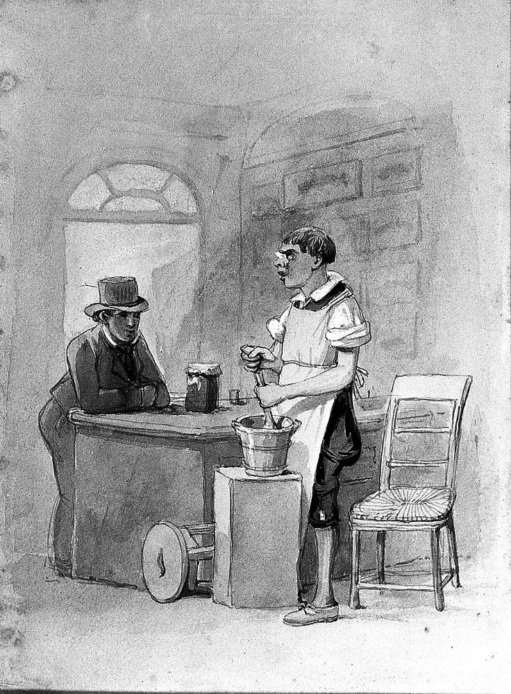 An apothecary's apprentice in a shop mixing up a prescription in a pestle and mortar for a customer. Watercolour attributed…
