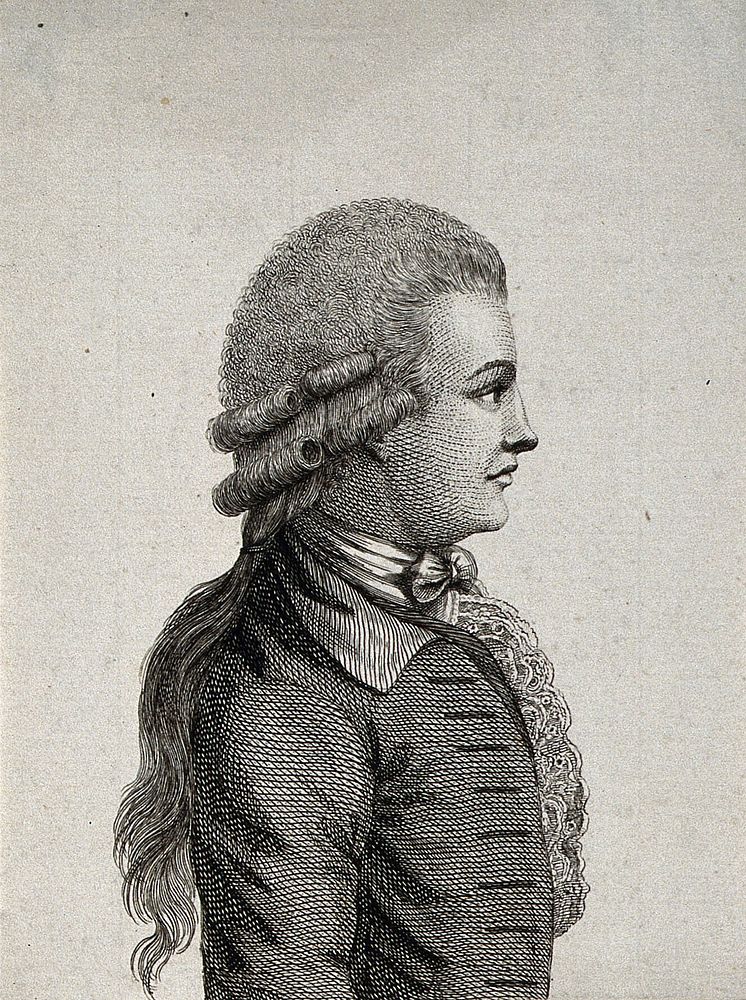 Head and shoulders of a man in profile to the left wearing long hair-pieces attached to the back of his natural hair.…