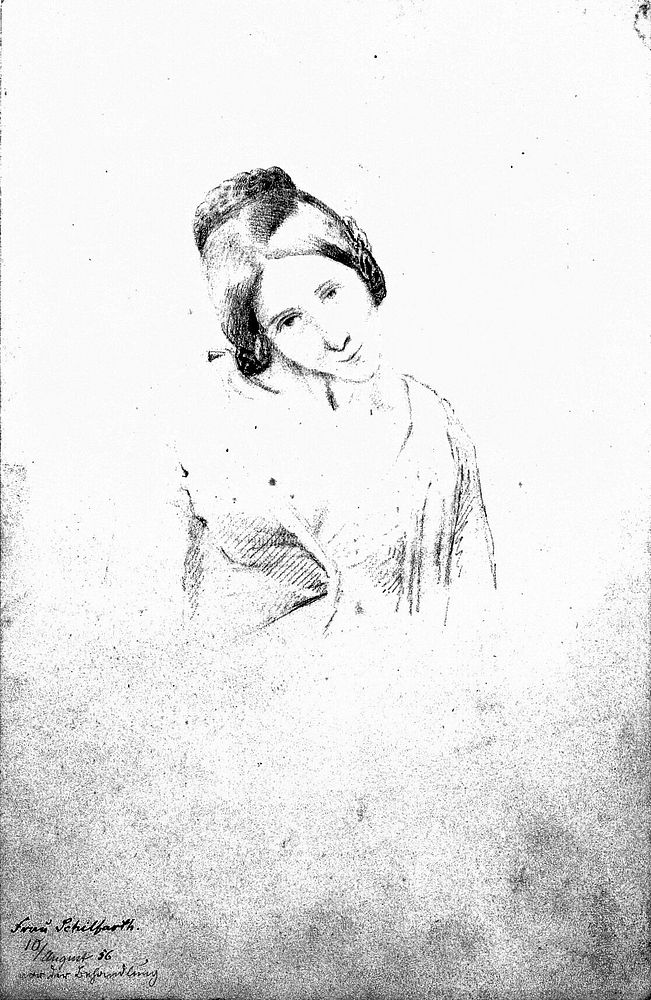A woman with her head tilted to the right, viewed from the front. Drawing attributed to H.W. Berend, c. 1856.