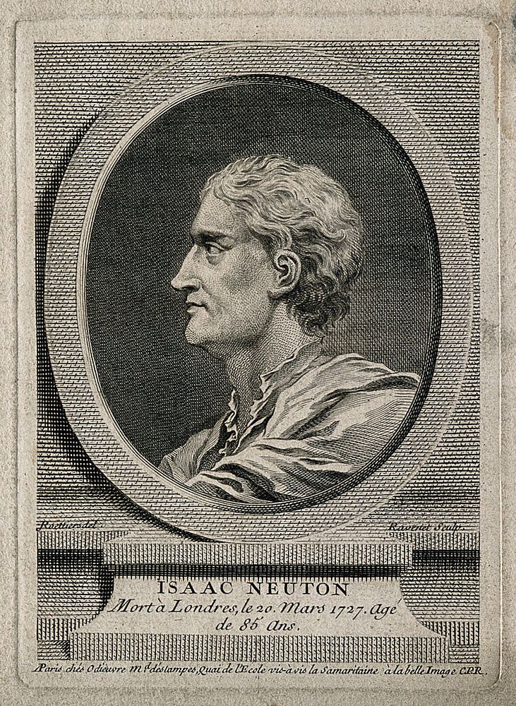 Sir Isaac Newton. Line engraving by S. F. Ravenet after J. Roettiers, 1739.