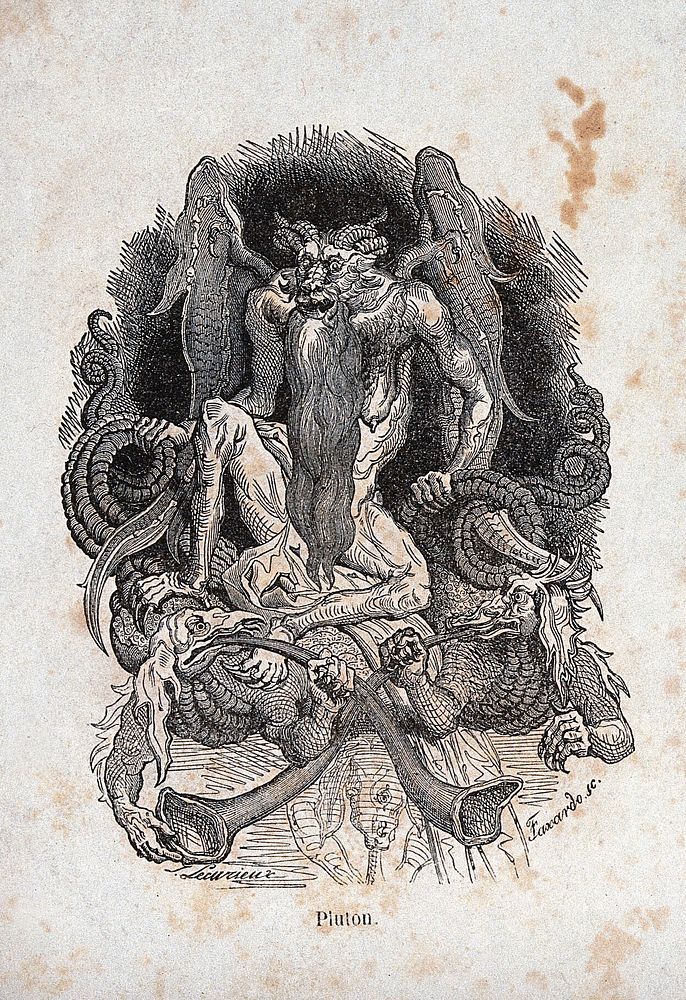 Pluto, the guardian of hell. Wood engraving by J.A. Faxardo after J.J. Lecurieux, ca. 1838.