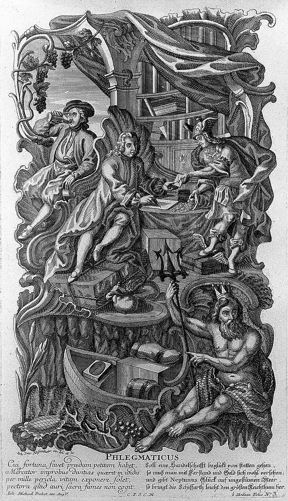 Neptune presiding over a businessman making money through investment and a man drinking beer; representing the phlegmatic…