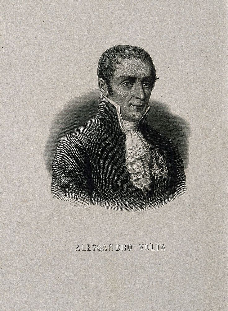 Count Alessandro Giuseppe Antonio Anastasio Volta. Stipple engraving by A. Tardieu after N. Bettoni.