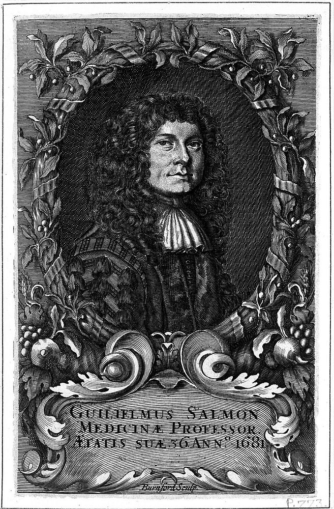 William Salmon. Line engraving by L. Burnford, 1681.