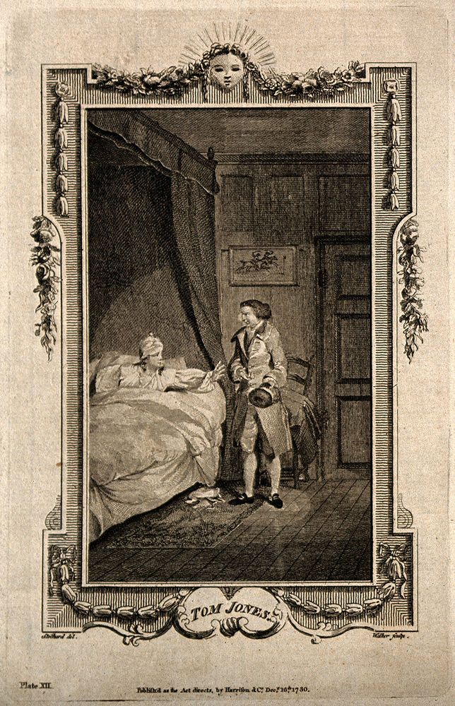 Tom Jones in bed sees Sophia Western's muff held by Partridge. Line engraving by W. Walker, 1780, after T. Stothard.