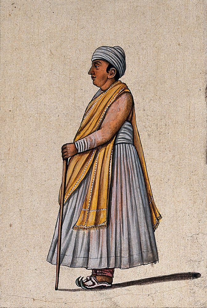 A Lucknow courtier holding a walking stick. Gouache painting by an Indian artist.