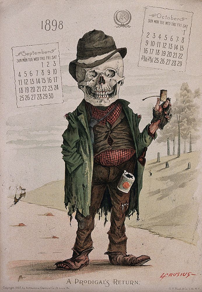 A skeleton dressed as beggar. Lithograph by L. Crusius, 1898.