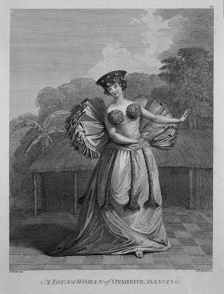 A young woman from Tahiti, dancing. Engraving by J.K. Sherwin, 1784, after J. Webber.