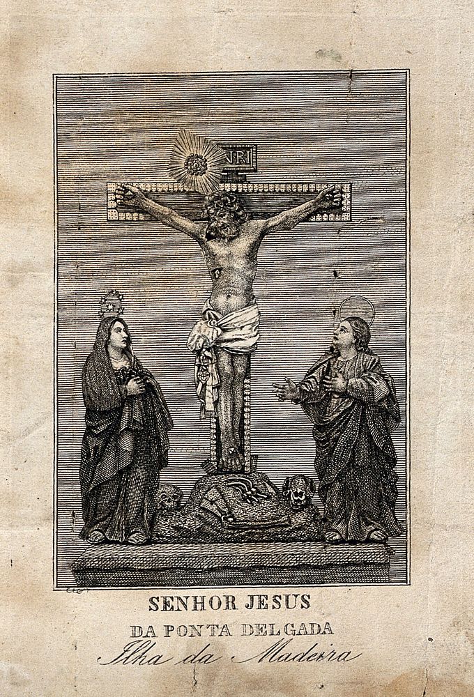 The Crucifixion of Christ; Christ the Lord, of Ponta Delgada on the island of Madeira. Engraving.