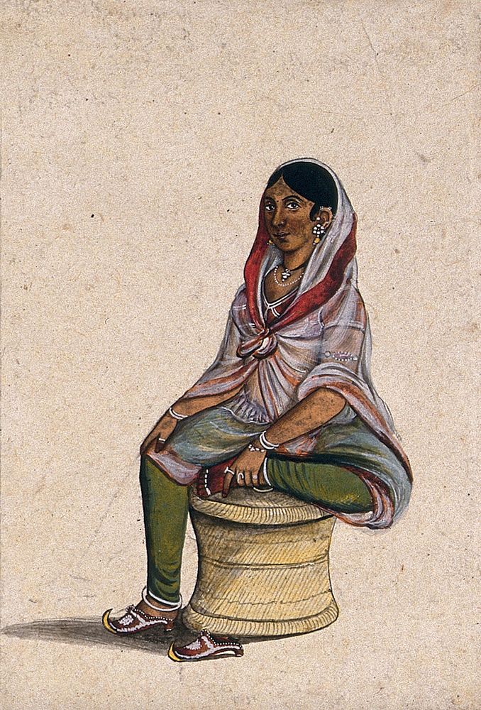 A courtesan sitting on a cane stool. Gouache painting by an Indian artist.