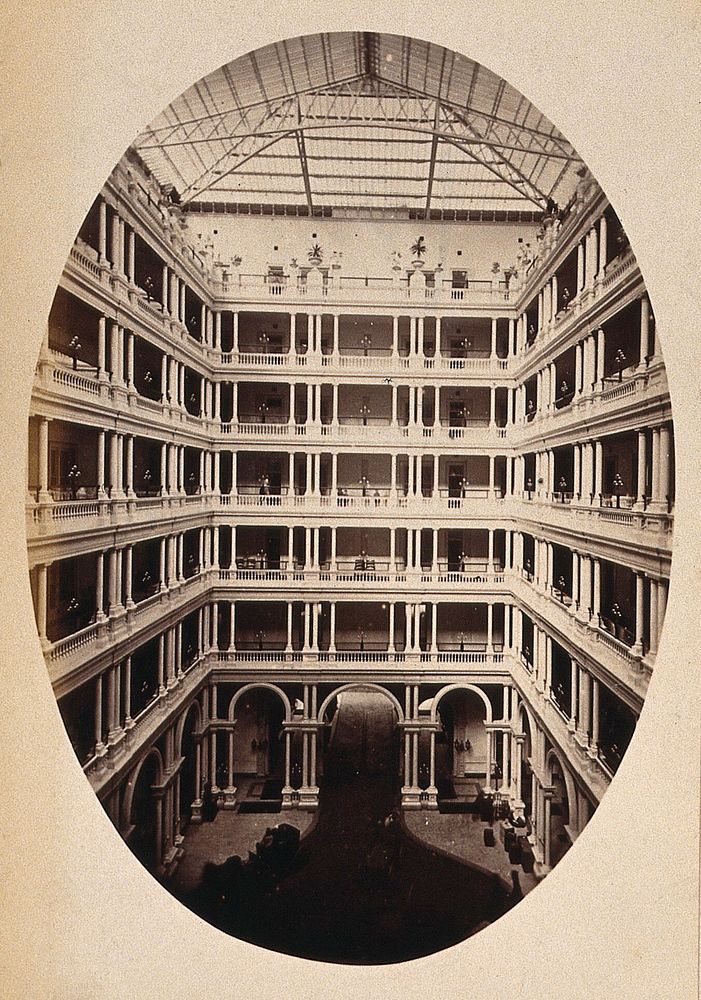 San Francisco, California: the Palace Hotel interior courtyard. Photograph, ca. 1880.