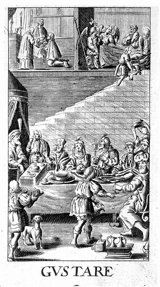The sense of taste: diners around a feasting table containing a swan and a human skeleton, above, scenes of communion and…