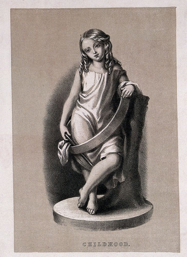 A statue of a girl on a pedestal; representing childhood. Lithograph, ca. 1851, by Louisa Corbaux.