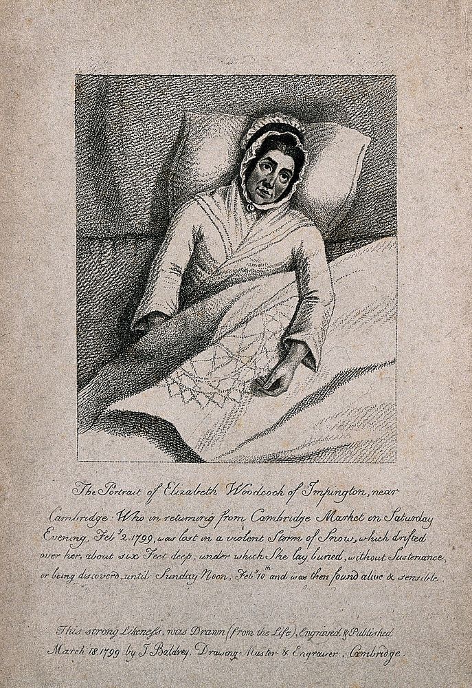 Elizabeth Woodcock, recuperating in bed after being buried in snow for eight days, aged 42. Stipple engraving by J. Baldrey…