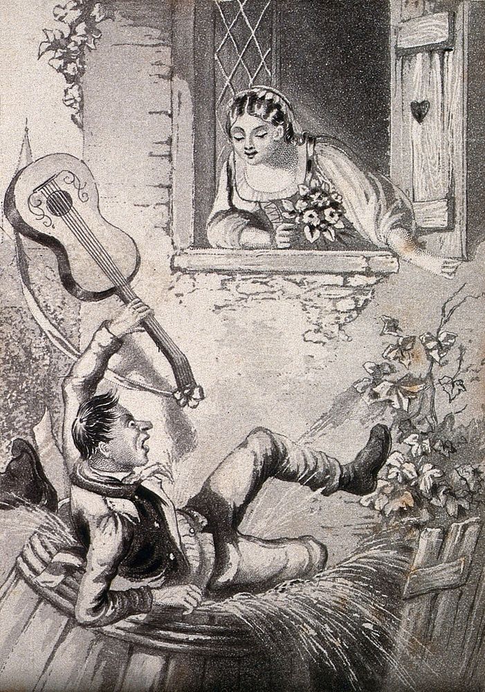 A young man who has been serenading a young woman with a guitar below her window falls into a water butt when the cover…
