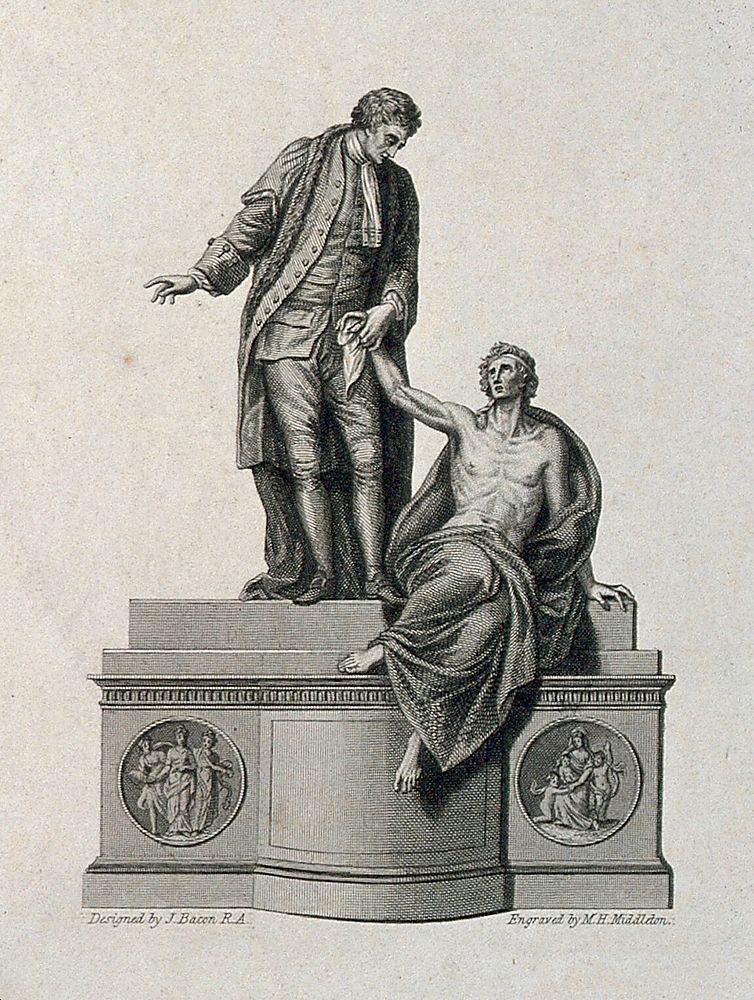 Thomas Guy. Line engraving by M. H. Middleton after J. Bacon, senior, 1779.