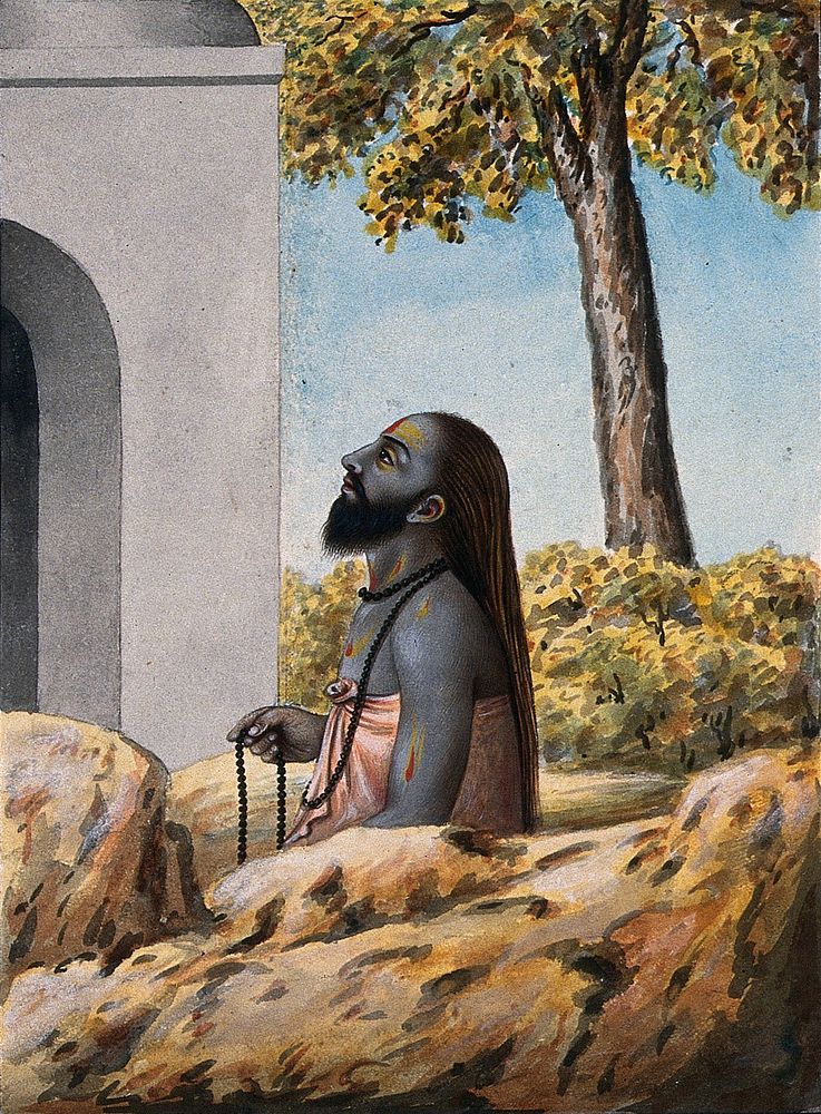 A Hindu ascetic or holy man, left profile view, meditating outside a temple . Watercolour, ca. 1880 .