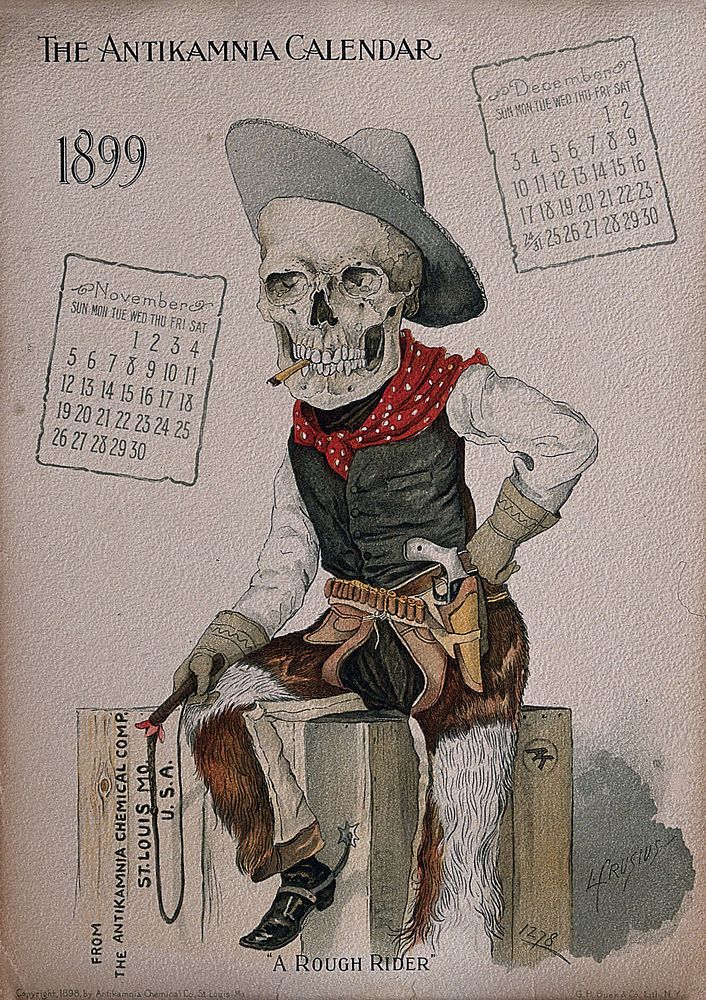 A skeleton dressed as a cowboy. Lithograph by L. Crusius, 1899.